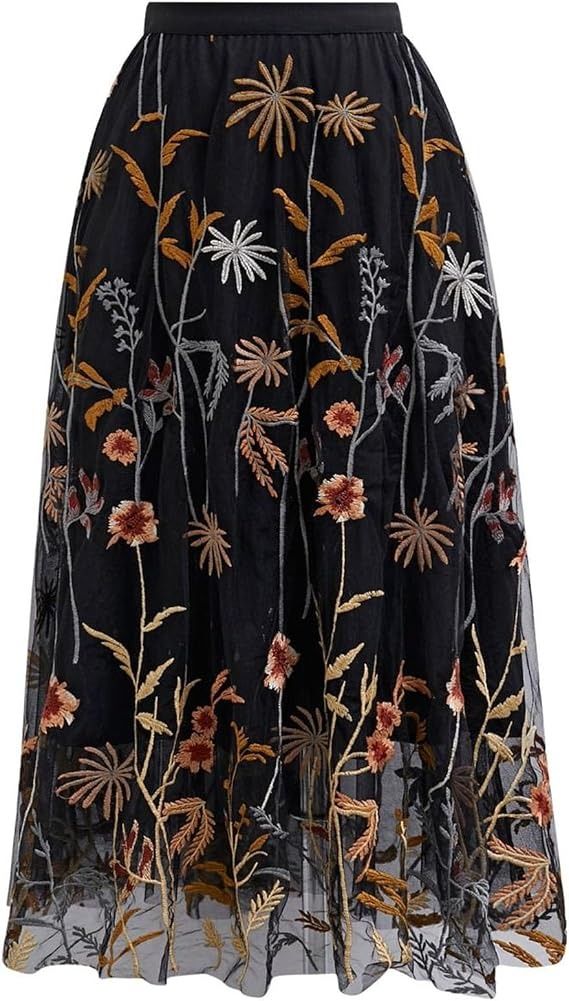 Black Floral Embroidered Midi Skirt image 1